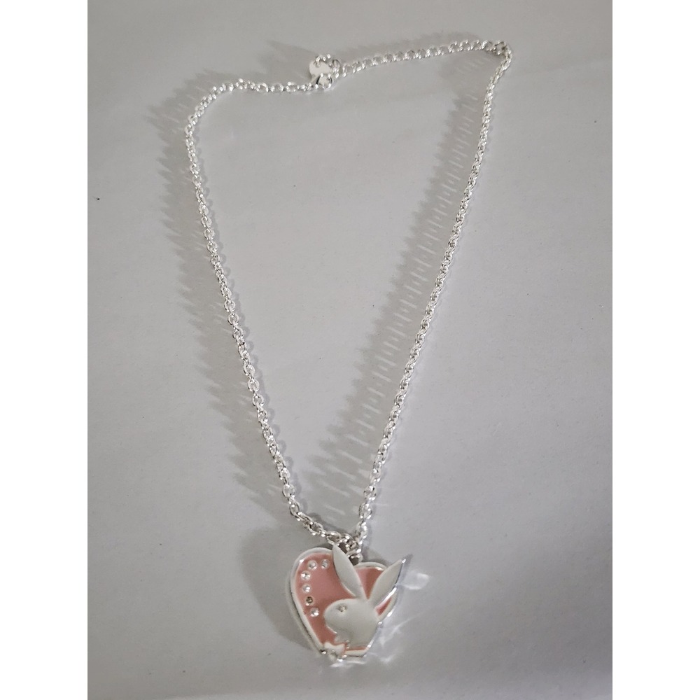 Playboy Bunny Heart Necklace Silver Tone Pink Enamel Rhinestone Y2K Jewelry